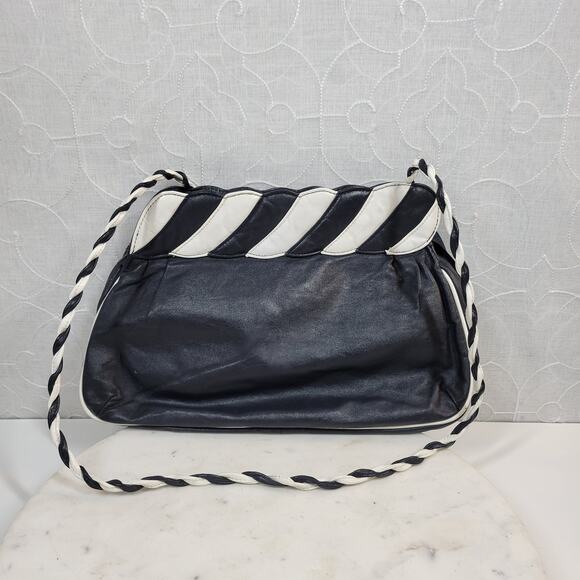 Vintage Contessa Purse Womens Black White Stripe Leather Clutch Purse Strap